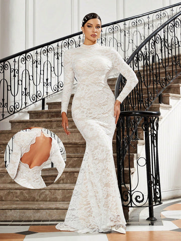 Elegant And Sexy Woman's Full Lace Sheer Effect Long-Sleeved Backless Lace Decorated Fishtail Skirt Floor-Length Wedding Dress