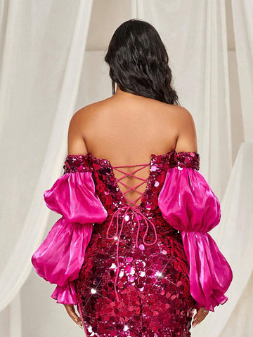 Elegant And Sexy Women Mermaid Evening Dress (Heavy Duty Version) With Bright Sequins, Deep V-Neckline, High Side Slit, Pink Lotus Sleeve And Bodycon Fit, Made Of Mixed Materials