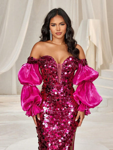 Elegant And Sexy Women Mermaid Evening Dress (Heavy Duty Version) With Bright Sequins, Deep V-Neckline, High Side Slit, Pink Lotus Sleeve And Bodycon Fit, Made Of Mixed Materials