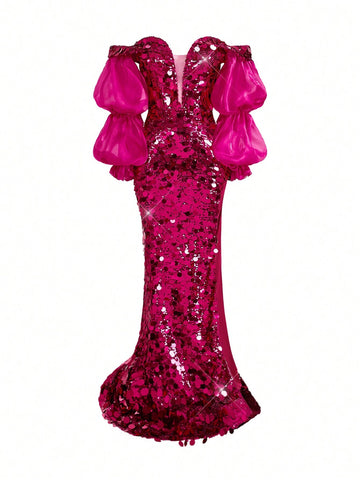 Elegant And Sexy Women Mermaid Evening Dress (Heavy Duty Version) With Bright Sequins, Deep V-Neckline, High Side Slit, Pink Lotus Sleeve And Bodycon Fit, Made Of Mixed Materials