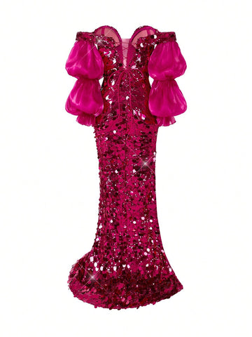 Elegant And Sexy Women Mermaid Evening Dress (Heavy Duty Version) With Bright Sequins, Deep V-Neckline, High Side Slit, Pink Lotus Sleeve And Bodycon Fit, Made Of Mixed Materials