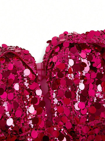 Elegant And Sexy Women Mermaid Evening Dress (Heavy Duty Version) With Bright Sequins, Deep V-Neckline, High Side Slit, Pink Lotus Sleeve And Bodycon Fit, Made Of Mixed Materials