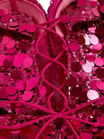 Elegant And Sexy Women Mermaid Evening Dress (Heavy Duty Version) With Bright Sequins, Deep V-Neckline, High Side Slit, Pink Lotus Sleeve And Bodycon Fit, Made Of Mixed Materials