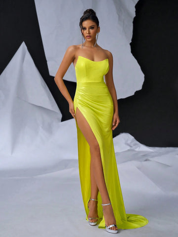 Elegant And Sexy Yellow Knitted Coating Fabric Bustier V-NeckVersatile Dating Single Vacation Party Graduation Season Wedding Event Heavy Duty Dresses