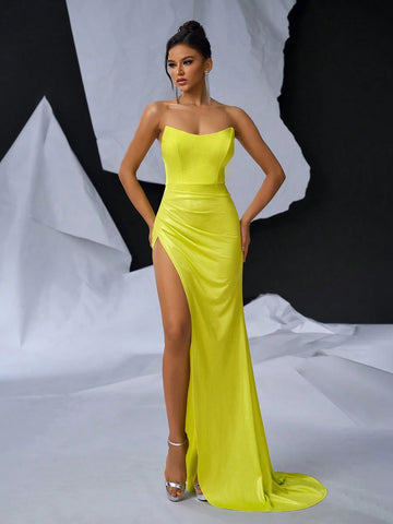 Elegant And Sexy Yellow Knitted Coating Fabric Bustier V-NeckVersatile Dating Single Vacation Party Graduation Season Wedding Event Heavy Duty Dresses