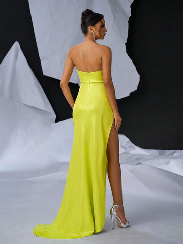 Elegant And Sexy Yellow Knitted Coating Fabric Bustier V-NeckVersatile Dating Single Vacation Party Graduation Season Wedding Event Heavy Duty Dresses