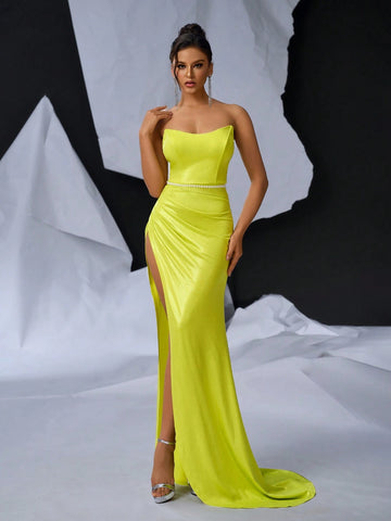 Elegant And Sexy Yellow Knitted Coating Fabric Bustier V-NeckVersatile Dating Single Vacation Party Graduation Season Wedding Event Heavy Duty Dresses