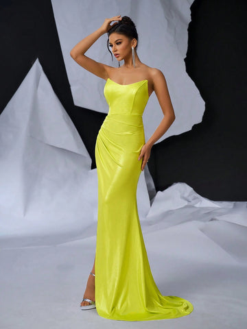 Elegant And Sexy Yellow Knitted Coating Fabric Bustier V-NeckVersatile Dating Single Vacation Party Graduation Season Wedding Event Heavy Duty Dresses