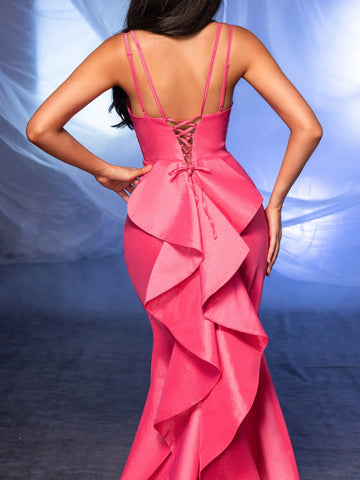 Elegant And Shiny Woven Double Strap Bodice With Tied Back, Dramatic Layered Ruffle Decoration, Bodycon Fit, Floor-Length Mermaid Hem Dress For Graduation, Wedding, Vacation, Evening Party