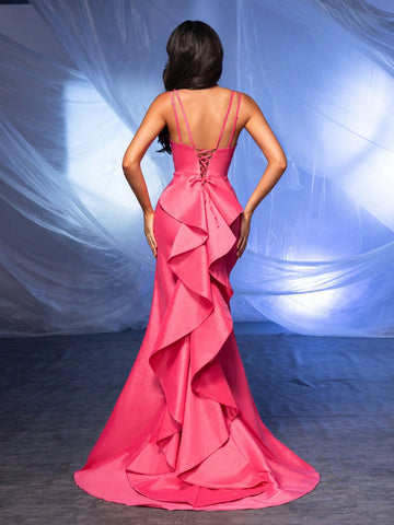 Elegant And Shiny Woven Double Strap Bodice With Tied Back, Dramatic Layered Ruffle Decoration, Bodycon Fit, Floor-Length Mermaid Hem Dress For Graduation, Wedding, Vacation, Evening Party