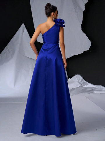 Elegant And Simple Blue Oblique Shoulder Exaggerated 3D Design Dress With Large A-Line Skirt, Shoulder Details, Pockets - Perfect For Graduations, Dinner Dates, Back To School, Singles Parties, Heavy Duty Weekend And Dinner Party Events.