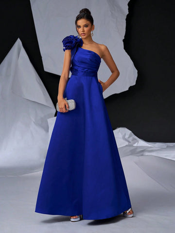 Elegant And Simple Blue Oblique Shoulder Exaggerated 3D Design Dress With Large A-Line Skirt, Shoulder Details, Pockets - Perfect For Graduations, Dinner Dates, Back To School, Singles Parties, Heavy Duty Weekend And Dinner Party Events.