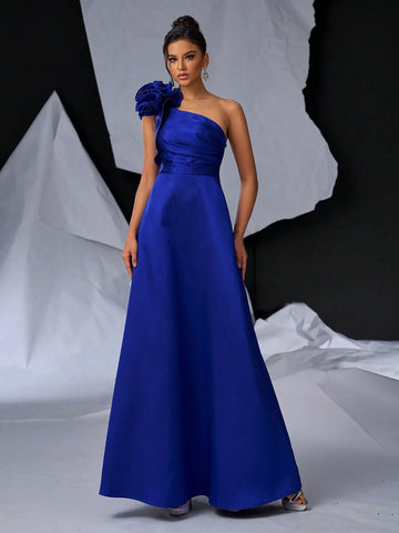 Elegant And Simple Blue Oblique Shoulder Exaggerated 3D Design Dress With Large A-Line Skirt, Shoulder Details, Pockets - Perfect For Graduations, Dinner Dates, Back To School, Singles Parties, Heavy Duty Weekend And Dinner Party Events.