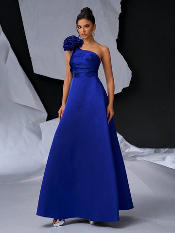 Elegant And Simple Blue Oblique Shoulder Exaggerated 3D Design Dress With Large A-Line Skirt, Shoulder Details, Pockets - Perfect For Graduations, Dinner Dates, Back To School, Singles Parties, Heavy Duty Weekend And Dinner Party Events.
