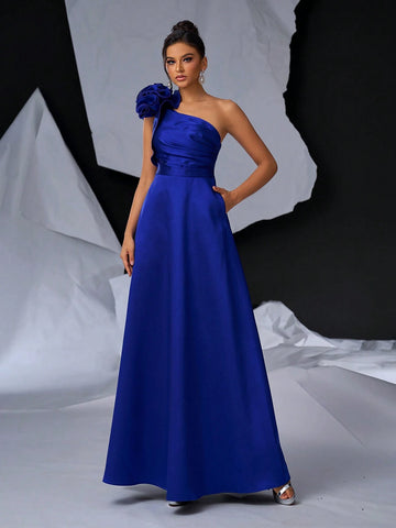 Elegant And Simple Blue Oblique Shoulder Exaggerated 3D Design Dress With Large A-Line Skirt, Shoulder Details, Pockets - Perfect For Graduations, Dinner Dates, Back To School, Singles Parties, Heavy Duty Weekend And Dinner Party Events.