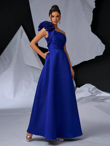 Elegant And Simple Blue Oblique Shoulder Exaggerated 3D Design Dress With Large A-Line Skirt, Shoulder Details, Pockets - Perfect For Graduations, Dinner Dates, Back To School, Singles Parties, Heavy Duty Weekend And Dinner Party Events.