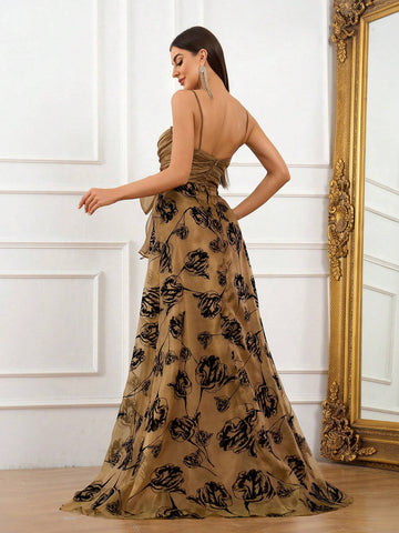 Elegant And Simple Mocha Brown Spaghetti Strap Dress With Irregular Pleats A-Line Skirt With Mesh And Flocked Patchwork Make It Perfect For Dating, Parties, Graduation, Weddings And Formal Occasions.