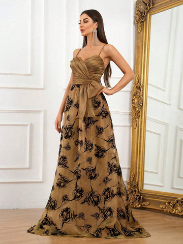 Elegant And Simple Mocha Brown Spaghetti Strap Dress With Irregular Pleats A-Line Skirt With Mesh And Flocked Patchwork Make It Perfect For Dating, Parties, Graduation, Weddings And Formal Occasions.