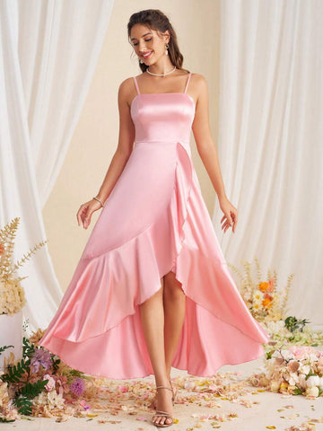 Elegant And Simple Quality Asymmetric Hem Halter Bridesmaid Dress With Ruffled Edge