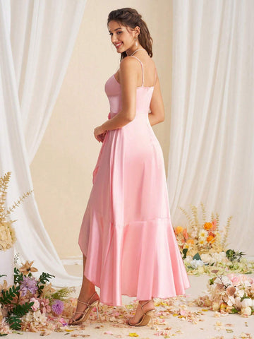 Elegant And Simple Quality Asymmetric Hem Halter Bridesmaid Dress With Ruffled Edge