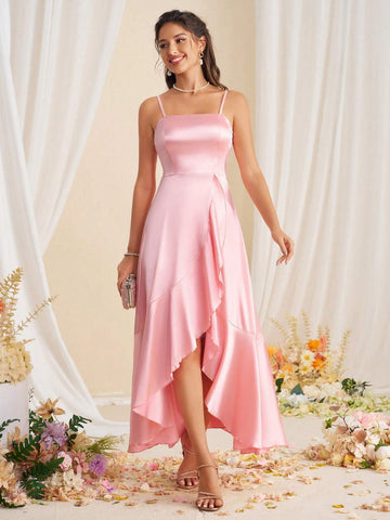 Elegant And Simple Quality Asymmetric Hem Halter Bridesmaid Dress With Ruffled Edge