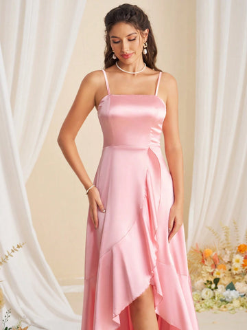 Elegant And Simple Quality Asymmetric Hem Halter Bridesmaid Dress With Ruffled Edge