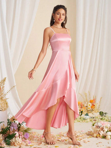 Elegant And Simple Quality Asymmetric Hem Halter Bridesmaid Dress With Ruffled Edge
