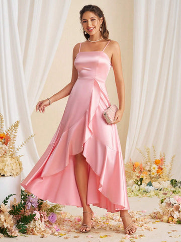 Elegant And Simple Quality Asymmetric Hem Halter Bridesmaid Dress With Ruffled Edge