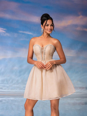 Elegant And Sweet Light Apricot Sparkling Mesh Strapless Dress With Pearl Decoration, Deep V-Neckline, High Waist, A-Line Cut, Suitable For School Proms, Graduation Parties, Afternoon Tea, Date Nights, Cocktail Parties