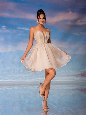 Elegant And Sweet Light Apricot Sparkling Mesh Strapless Dress With Pearl Decoration, Deep V-Neckline, High Waist, A-Line Cut, Suitable For School Proms, Graduation Parties, Afternoon Tea, Date Nights, Cocktail Parties