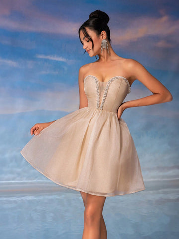 Elegant And Sweet Light Apricot Sparkling Mesh Strapless Dress With Pearl Decoration, Deep V-Neckline, High Waist, A-Line Cut, Suitable For School Proms, Graduation Parties, Afternoon Tea, Date Nights, Cocktail Parties