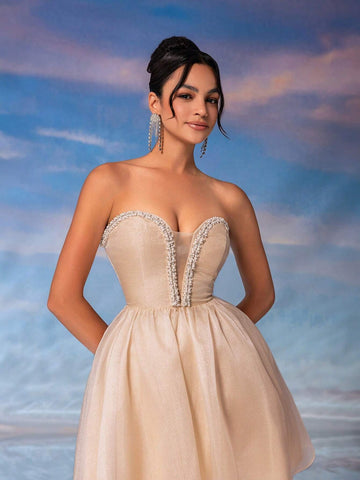 Elegant And Sweet Light Apricot Sparkling Mesh Strapless Dress With Pearl Decoration, Deep V-Neckline, High Waist, A-Line Cut, Suitable For School Proms, Graduation Parties, Afternoon Tea, Date Nights, Cocktail Parties