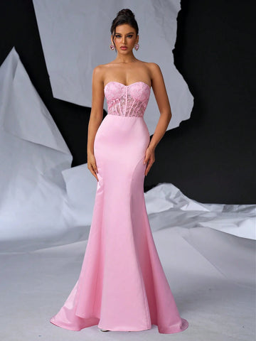 Elegant And Sweet Strapless Romantic See-Through 3D Beaded Lace Embroidery High Waist Slimming Dress With Adjustable Back Tie And Detachable Bowknot And Fish Tail Skirt For Evening Party