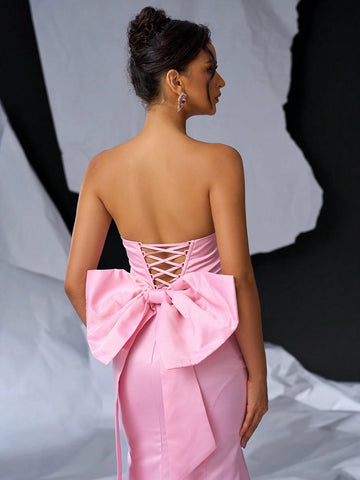 Elegant And Sweet Strapless Romantic See-Through 3D Beaded Lace Embroidery High Waist Slimming Dress With Adjustable Back Tie And Detachable Bowknot And Fish Tail Skirt For Evening Party