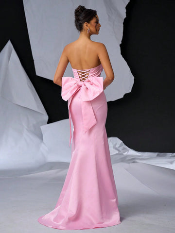 Elegant And Sweet Strapless Romantic See-Through 3D Beaded Lace Embroidery High Waist Slimming Dress With Adjustable Back Tie And Detachable Bowknot And Fish Tail Skirt For Evening Party