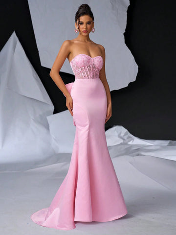 Elegant And Sweet Strapless Romantic See-Through 3D Beaded Lace Embroidery High Waist Slimming Dress With Adjustable Back Tie And Detachable Bowknot And Fish Tail Skirt For Evening Party