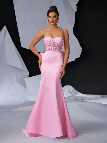 Elegant And Sweet Strapless Romantic See-Through 3D Beaded Lace Embroidery High Waist Slimming Dress With Adjustable Back Tie And Detachable Bowknot And Fish Tail Skirt For Evening Party