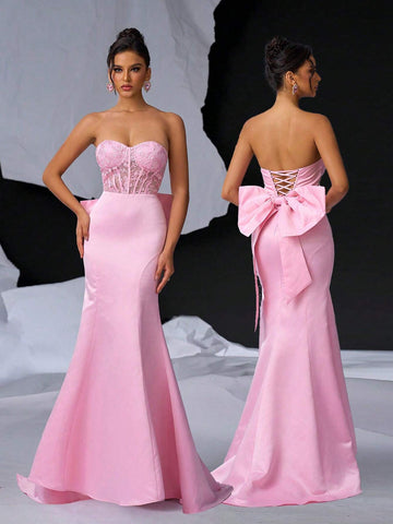 Elegant And Sweet Strapless Romantic See-Through 3D Beaded Lace Embroidery High Waist Slimming Dress With Adjustable Back Tie And Detachable Bowknot And Fish Tail Skirt For Evening Party