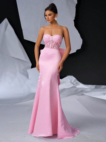 Elegant And Sweet Strapless Romantic See-Through 3D Beaded Lace Embroidery High Waist Slimming Dress With Adjustable Back Tie And Detachable Bowknot And Fish Tail Skirt For Evening Party