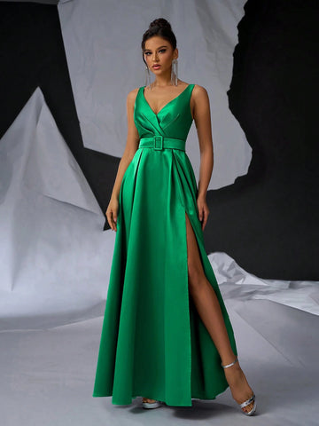 Elegant And Understated Green Satin Dress Features Wide Strap, V-Neckline, Wedding Party, Single-Party And Formal Evening Event.
