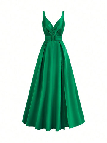 Elegant And Understated Green Satin Dress Features Wide Strap, V-Neckline, Wedding Party, Single-Party And Formal Evening Event.