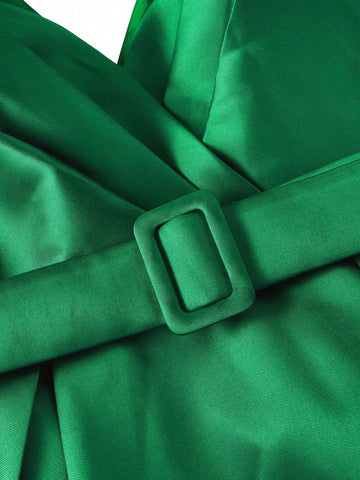 Elegant And Understated Green Satin Dress Features Wide Strap, V-Neckline, Wedding Party, Single-Party And Formal Evening Event.