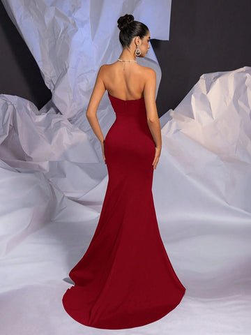 Elegant Asymmetrical Neckline Handcraft Beads 3D Fishbone Bodice High-Waist Fishtail Hem Gown, Slim-Fit Cocktail/Party/Wedding Dress