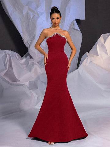 Elegant Asymmetrical Neckline Handcraft Beads 3D Fishbone Bodice High-Waist Fishtail Hem Gown, Slim-Fit Cocktail/Party/Wedding Dress