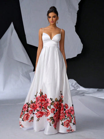 Elegant Atmosphere Halter V-Neck Bust Cup High Waist Slim Oversized Skirt Hem Positioning Romantic Rose Floral Print Dating Singles Vacation Party Graduation Season Wedding Event Heavy Duty Dinner Dresses