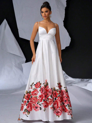 Elegant Atmosphere Halter V-Neck Bust Cup High Waist Slim Oversized Skirt Hem Positioning Romantic Rose Floral Print Dating Singles Vacation Party Graduation Season Wedding Event Heavy Duty Dinner Dresses