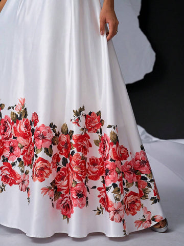 Elegant Atmosphere Halter V-Neck Bust Cup High Waist Slim Oversized Skirt Hem Positioning Romantic Rose Floral Print Dating Singles Vacation Party Graduation Season Wedding Event Heavy Duty Dinner Dresses