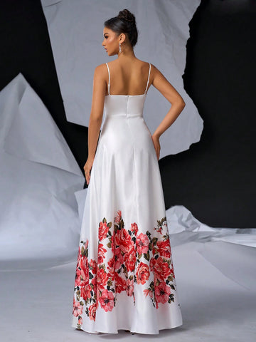 Elegant Atmosphere Halter V-Neck Bust Cup High Waist Slim Oversized Skirt Hem Positioning Romantic Rose Floral Print Dating Singles Vacation Party Graduation Season Wedding Event Heavy Duty Dinner Dresses