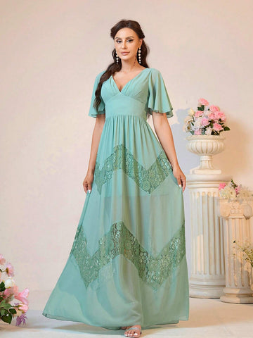 Elegant Atmosphere Mint Green V-Neck Bust Cups Chest Pleated Ruffle Short Sleeve Event Outdoor Wedding Lawn Wedding Formal Bridesmaid Dresses