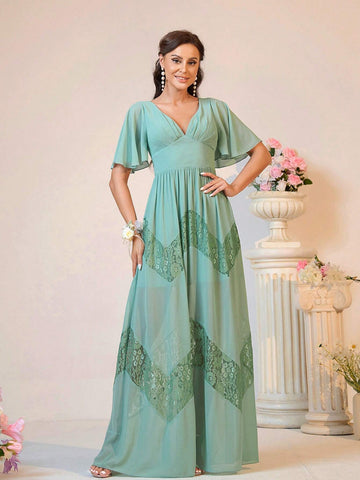 Elegant Atmosphere Mint Green V-Neck Bust Cups Chest Pleated Ruffle Short Sleeve Event Outdoor Wedding Lawn Wedding Formal Bridesmaid Dresses